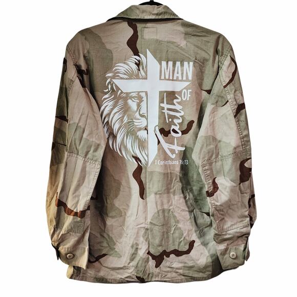 Man of Faith Upcycled U.S. Navy Gulf War Desert Storm Camo Military Camo Jacket - Picture 1 of 6